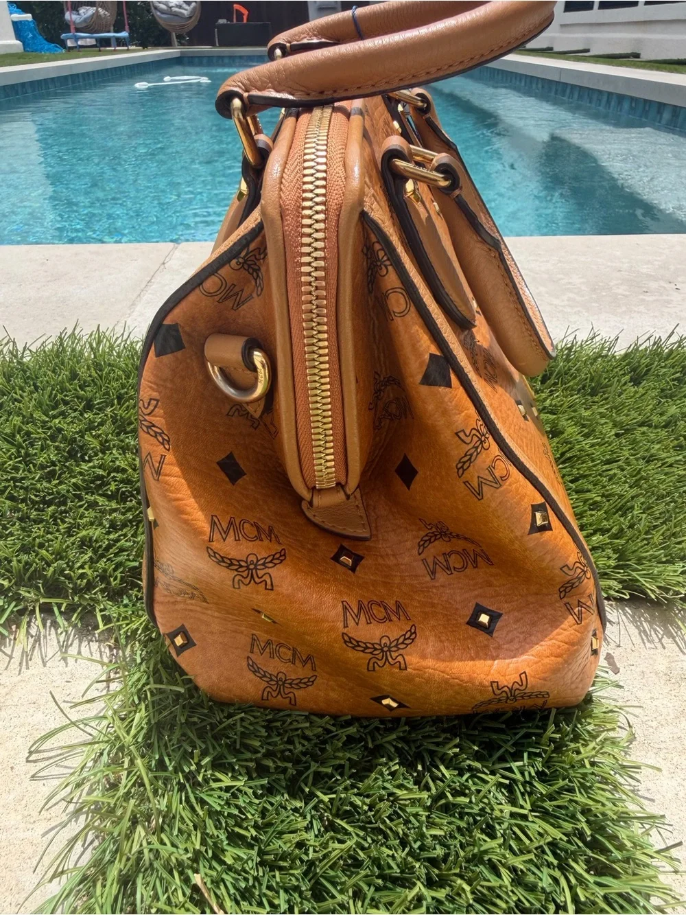 MCM Logo Mini Boston 2Way Shoulder Bag Studs Cognac Brown Auth